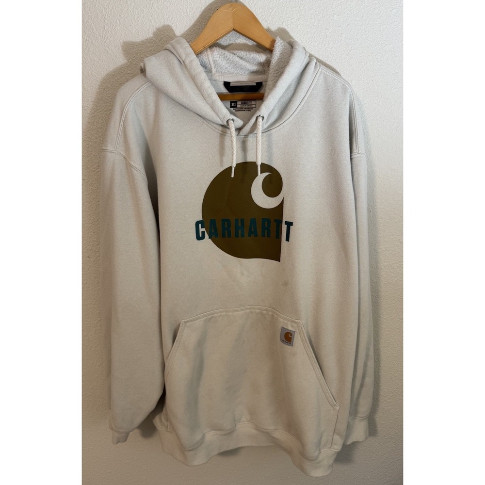 Carhartt Hoodie Mens 3XL XXXL Ivory Loose Fit WORKWEAR Hooded Sweatshirt‎